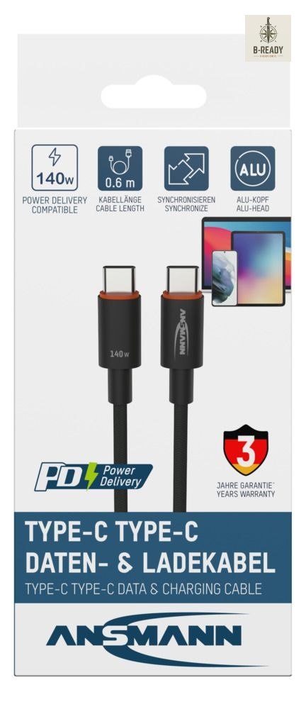 Kabel Ansmann USB-C/C, 140W, 60 cm, antracyt