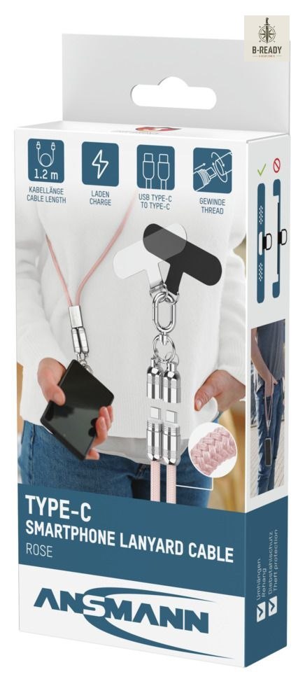 Kabel smyczkowy Ansmann USB-C/C,60W,120cm,różowy
